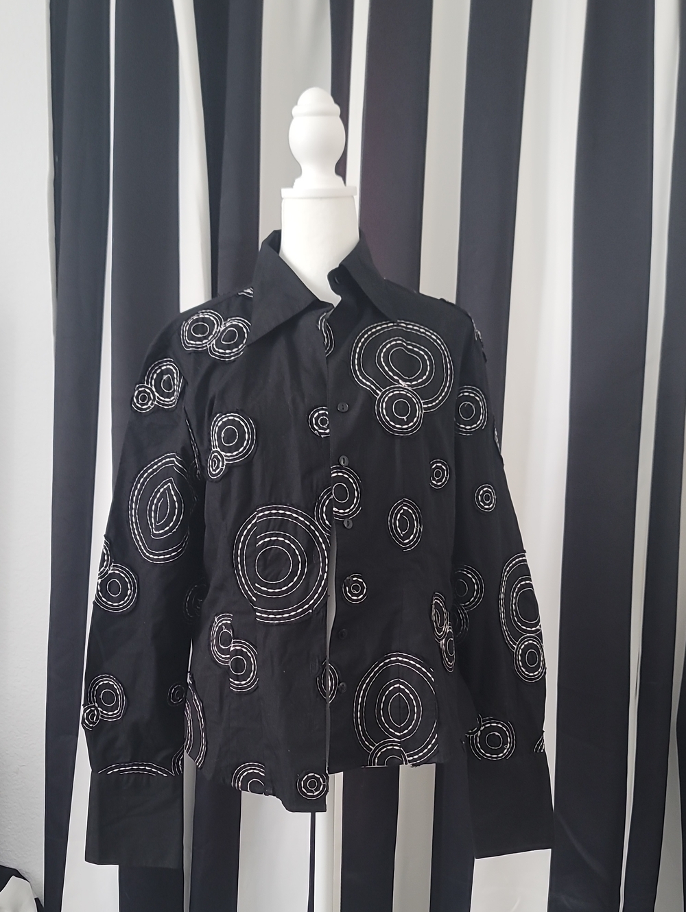 Samuel Dong Black Button-Up Jacket with White Circular Embroidery